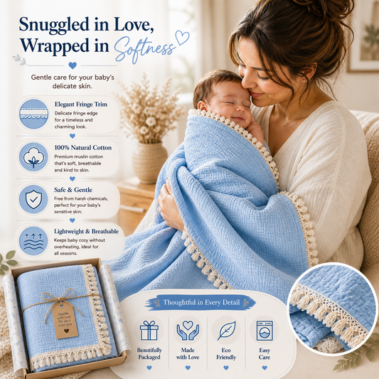 100% Organic Crinkled Muslin Cotton Baby Swaddle - Ultra-Soft, Hypoallergenic | Blissful Blue | Fringe Border | Pack of 1 | 0-18 Months | Perfect for Newborn Gifting