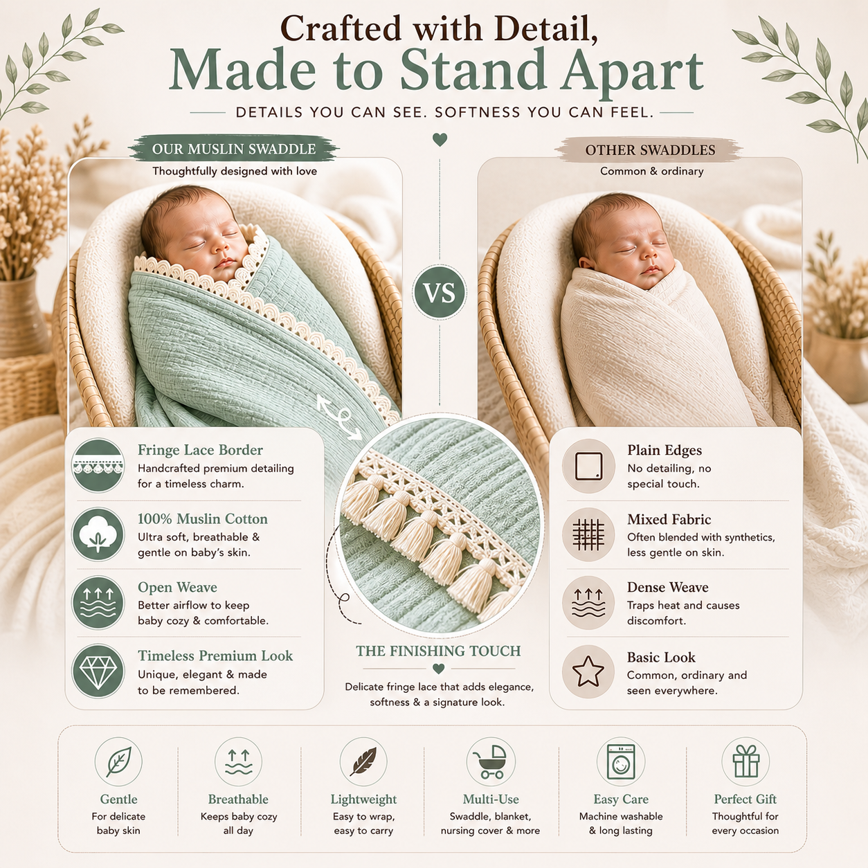 100% Organic Crinkled Muslin Cotton Baby Swaddle - Ultra-Soft, Hypoallergenic | Moonlit Mint | Fringe Border | Pack of 1 | 0-18 Months | Perfect for Newborn Gifting