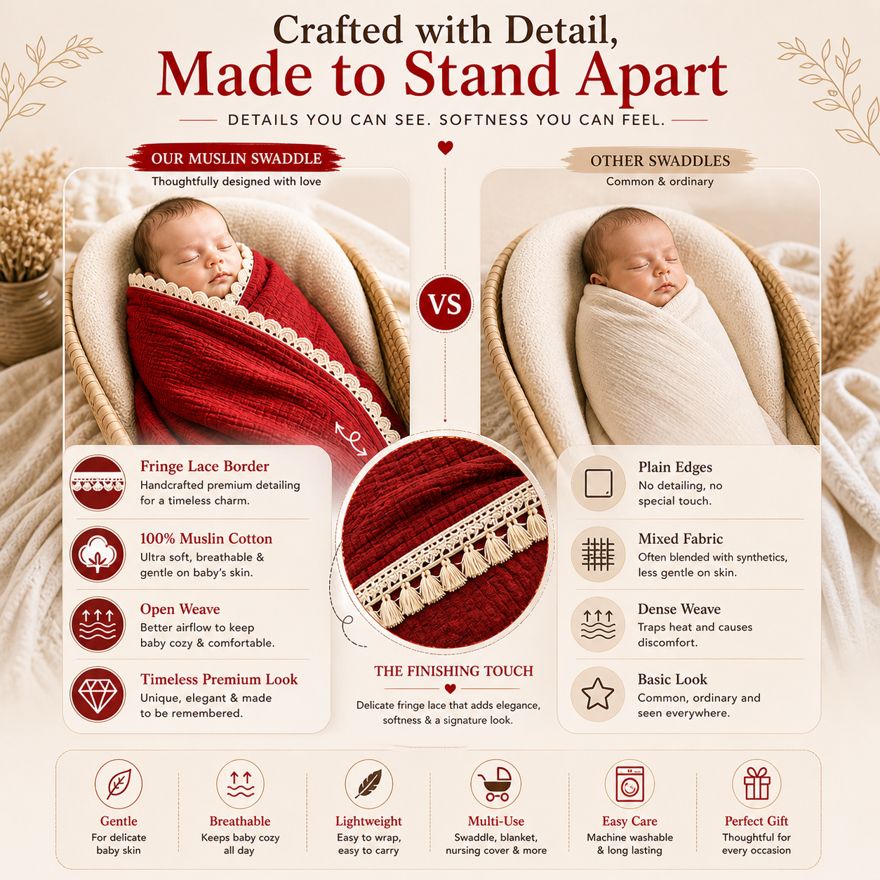 100% Organic Crinkled Muslin Cotton Baby Swaddle - Ultra-Soft, Hypoallergenic | Cherish Cranberry | Fringe Border | Pack of 1 | 0-18 Months | Perfect for Newborn Gifting