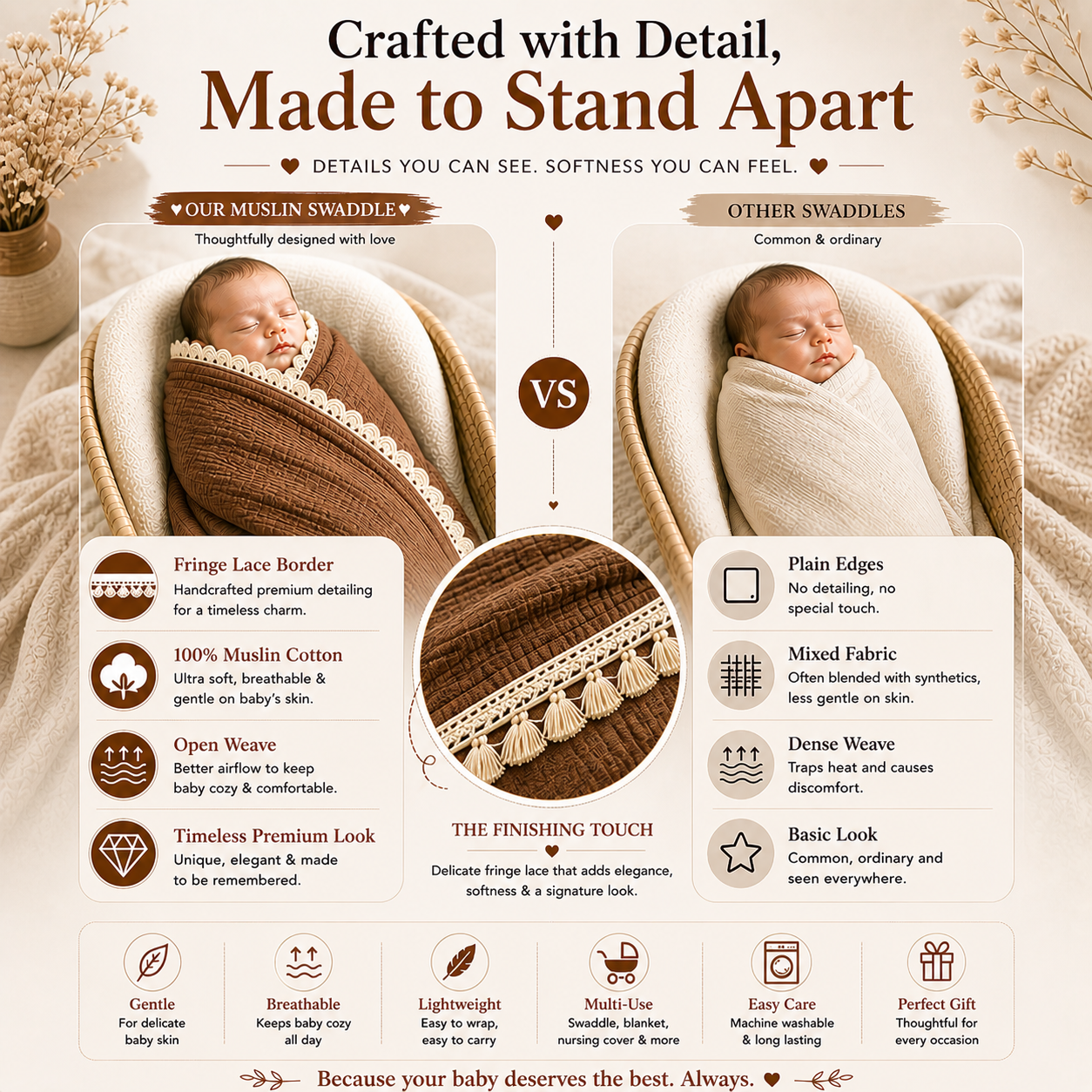 100% Organic Crinkled Muslin Cotton Baby Swaddle - Ultra-Soft, Hypoallergenic | Teddy Taupe | Fringe Border | Pack of 1 | 0-18 Months | Perfect for Newborn Gifting
