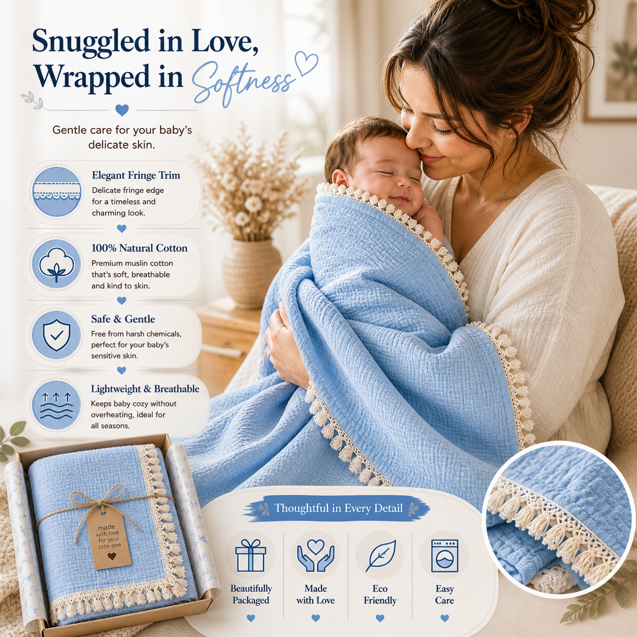 100% Organic Crinkled Muslin Cotton Baby Swaddle - Ultra-Soft, Hypoallergenic | Blissful Blue | Fringe Border | Pack of 1 | 0-18 Months | Perfect for Newborn Gifting
