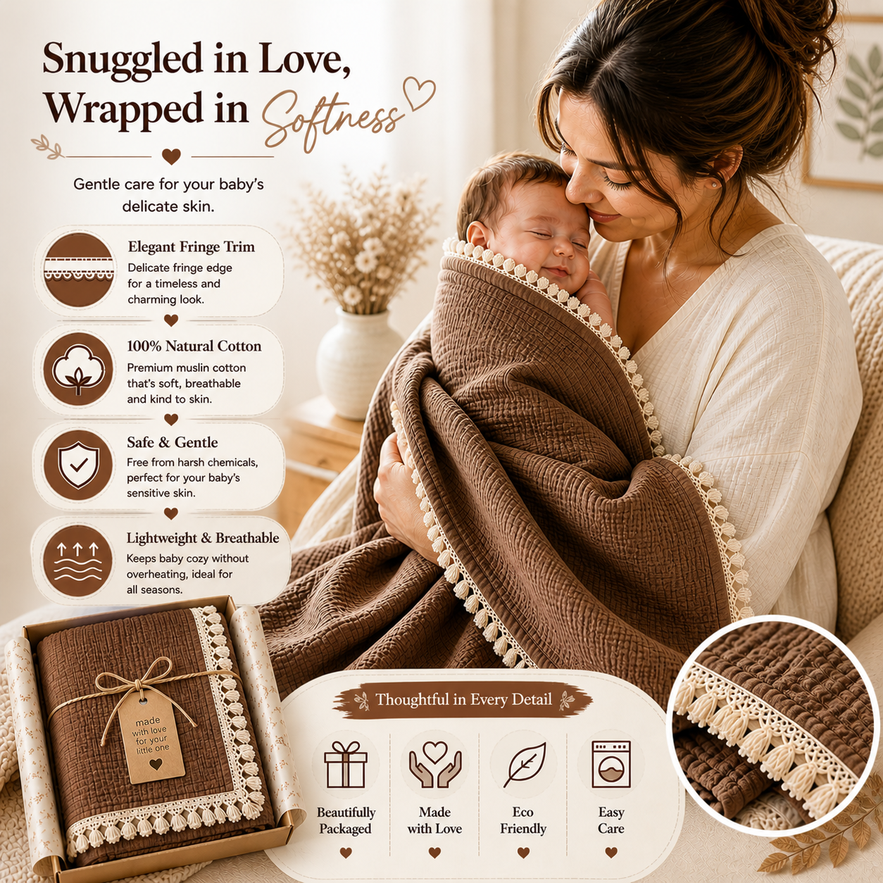 100% Organic Crinkled Muslin Cotton Baby Swaddle - Ultra-Soft, Hypoallergenic | Teddy Taupe | Fringe Border | Pack of 1 | 0-18 Months | Perfect for Newborn Gifting