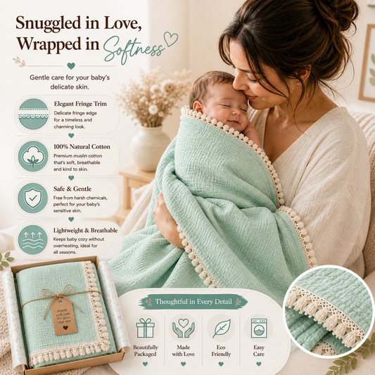 100% Organic Crinkled Muslin Cotton Baby Swaddle - Ultra-Soft, Hypoallergenic | Moonlit Mint | Fringe Border | Pack of 1 | 0-18 Months | Perfect for Newborn Gifting