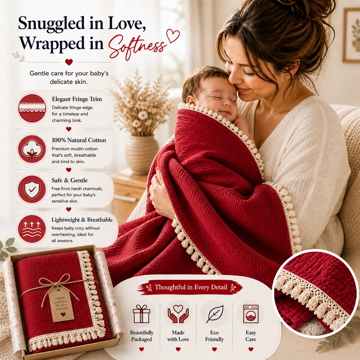 100% Organic Crinkled Muslin Cotton Baby Swaddle - Ultra-Soft, Hypoallergenic | Cherish Cranberry | Fringe Border | Pack of 1 | 0-18 Months | Perfect for Newborn Gifting
