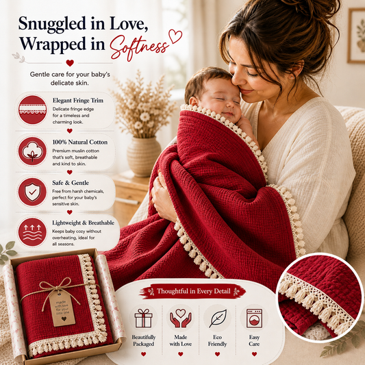 100% Organic Crinkled Muslin Cotton Baby Swaddle - Ultra-Soft, Hypoallergenic | Cherish Cranberry | Fringe Border | Pack of 1 | 0-18 Months | Perfect for Newborn Gifting