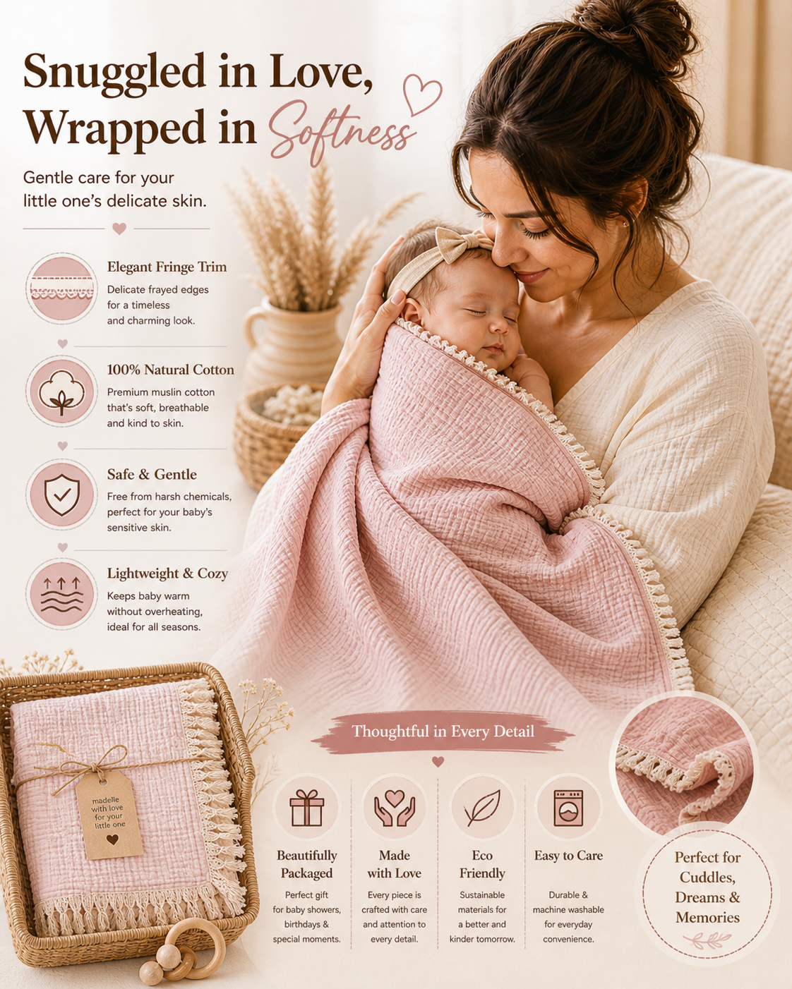 100% Organic Crinkled Muslin Cotton Baby Swaddle - Ultra-Soft, Hypoallergenic | Snuggle Salmon | Fringe Border | Pack of 1 | 0-18 Months | Perfect for Newborn Gifting