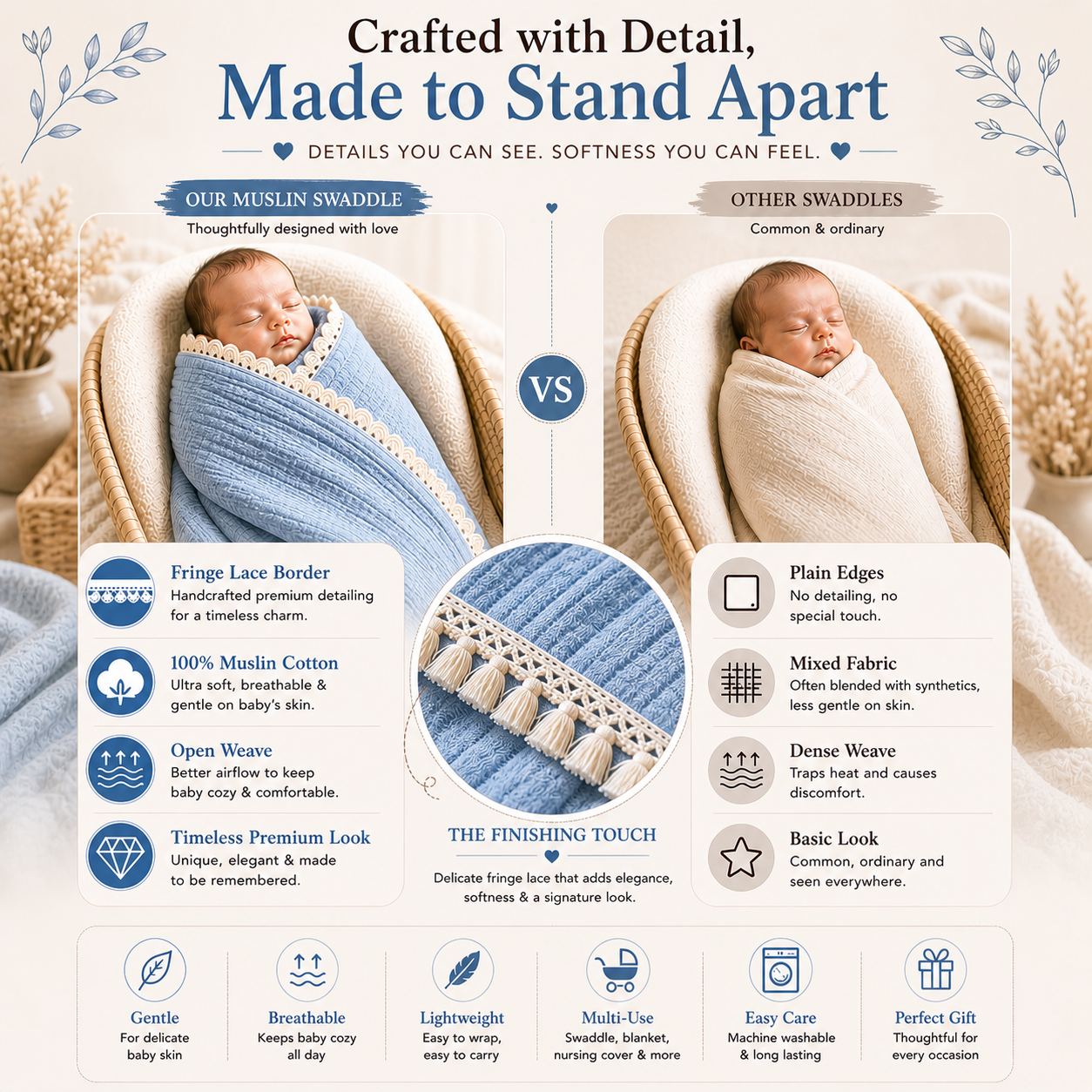 100% Organic Crinkled Muslin Cotton Baby Swaddle - Ultra-Soft, Hypoallergenic | Blissful Blue | Fringe Border | Pack of 1 | 0-18 Months | Perfect for Newborn Gifting