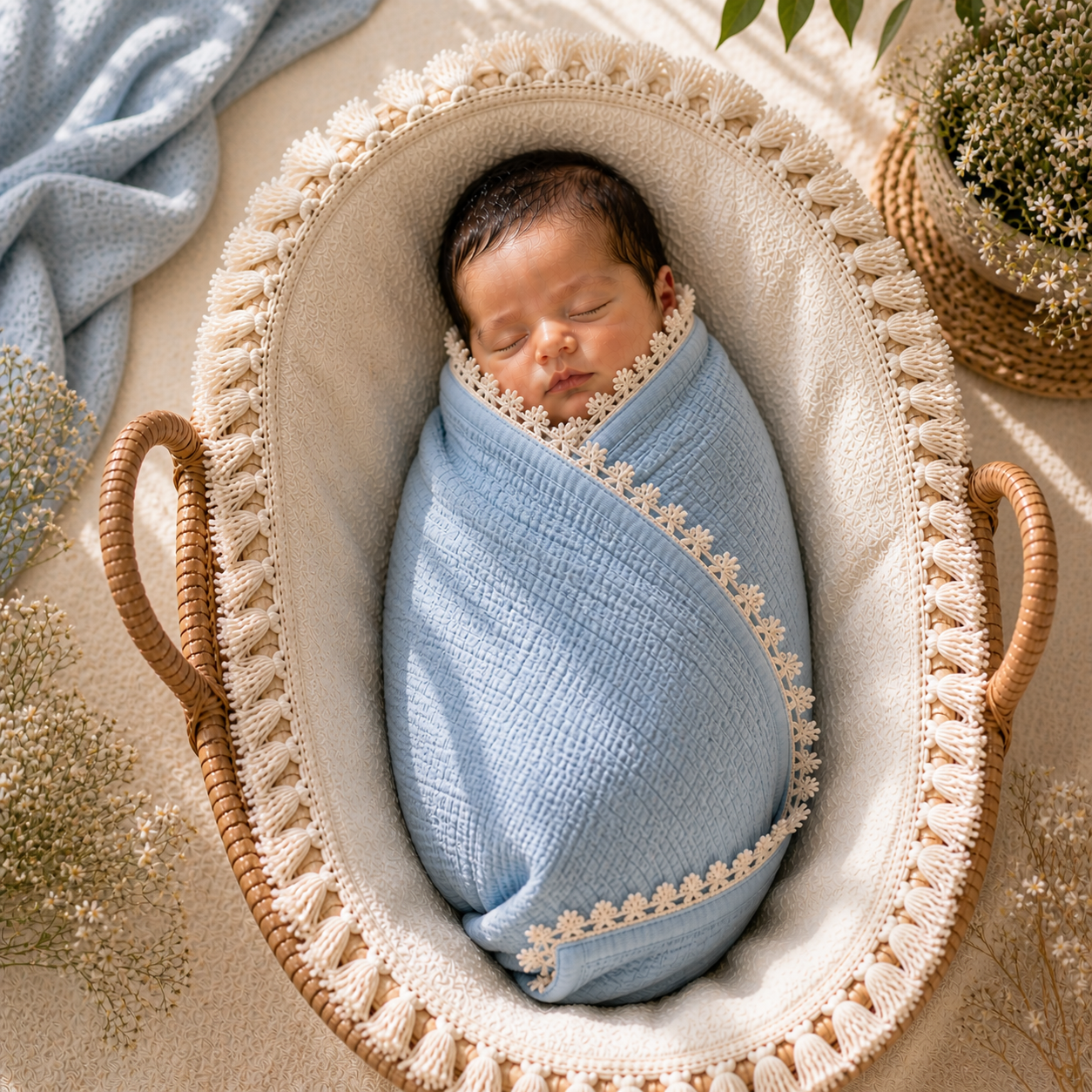 100% Organic Crinkled Muslin Cotton Baby Swaddle - Ultra-Soft, Hypoallergenic | Blissful Blue | Fringe Border | Pack of 1 | 0-18 Months | Perfect for Newborn Gifting
