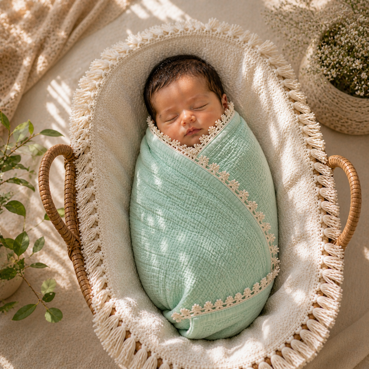 100% Organic Crinkled Muslin Cotton Baby Swaddle - Ultra-Soft, Hypoallergenic | Moonlit Mint | Fringe Border | Pack of 1 | 0-18 Months | Perfect for Newborn Gifting