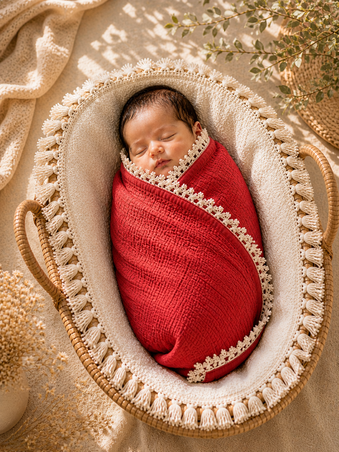 100% Organic Crinkled Muslin Cotton Baby Swaddle - Ultra-Soft, Hypoallergenic | Cherish Cranberry | Fringe Border | Pack of 1 | 0-18 Months | Perfect for Newborn Gifting
