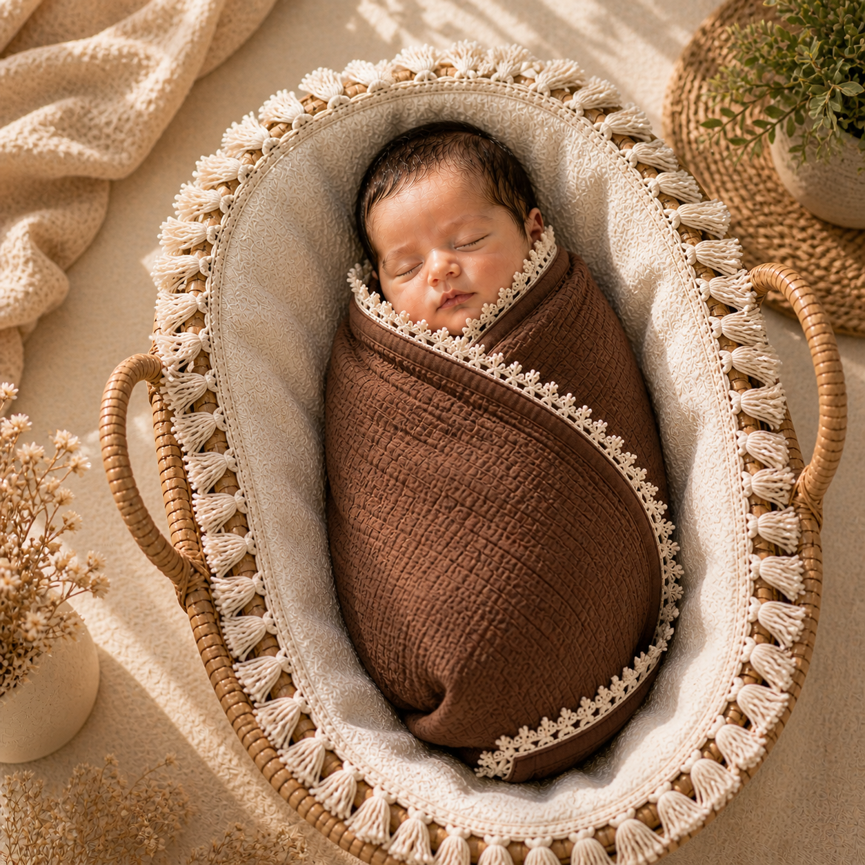 100% Organic Crinkled Muslin Cotton Baby Swaddle - Ultra-Soft, Hypoallergenic | Teddy Taupe | Fringe Border | Pack of 1 | 0-18 Months | Perfect for Newborn Gifting