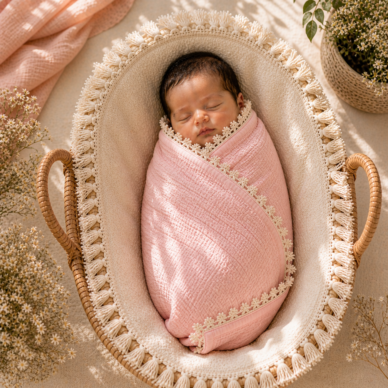 100% Organic Crinkled Muslin Cotton Baby Swaddle - Ultra-Soft, Hypoallergenic | Snuggle Salmon | Fringe Border | Pack of 1 | 0-18 Months | Perfect for Newborn Gifting