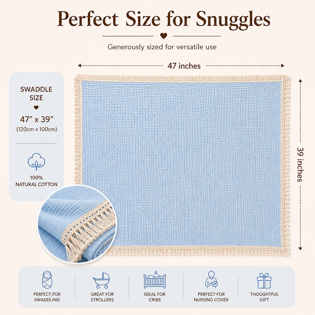 100% Organic Crinkled Muslin Cotton Baby Swaddle - Ultra-Soft, Hypoallergenic | Blissful Blue | Fringe Border | Pack of 1 | 0-18 Months | Perfect for Newborn Gifting