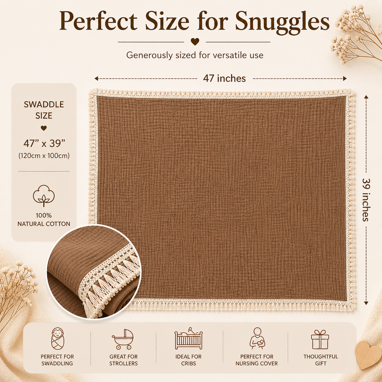 100% Organic Crinkled Muslin Cotton Baby Swaddle - Ultra-Soft, Hypoallergenic | Teddy Taupe | Fringe Border | Pack of 1 | 0-18 Months | Perfect for Newborn Gifting