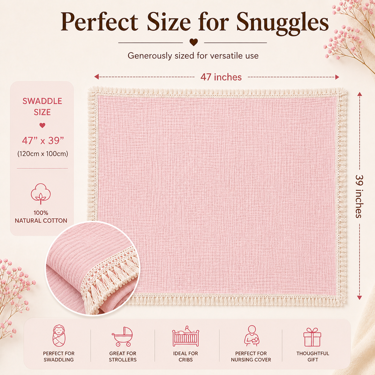 100% Organic Crinkled Muslin Cotton Baby Swaddle - Ultra-Soft, Hypoallergenic | Snuggle Salmon | Fringe Border | Pack of 1 | 0-18 Months | Perfect for Newborn Gifting
