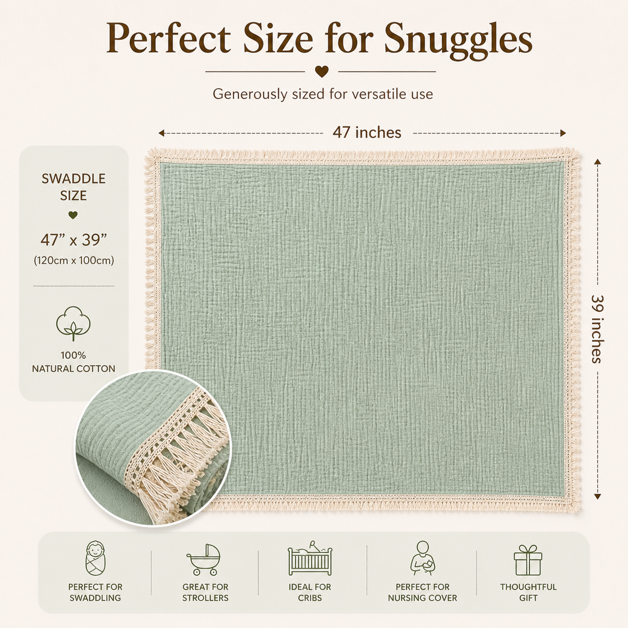 100% Organic Crinkled Muslin Cotton Baby Swaddle - Ultra-Soft, Hypoallergenic | Moonlit Mint | Fringe Border | Pack of 1 | 0-18 Months | Perfect for Newborn Gifting