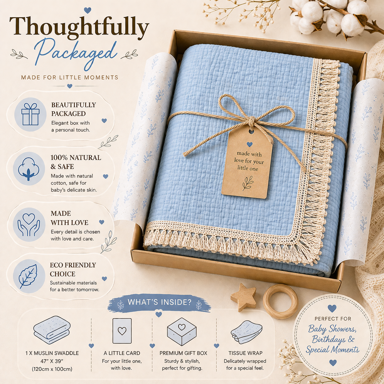 100% Organic Crinkled Muslin Cotton Baby Swaddle - Ultra-Soft, Hypoallergenic | Blissful Blue | Fringe Border | Pack of 1 | 0-18 Months | Perfect for Newborn Gifting