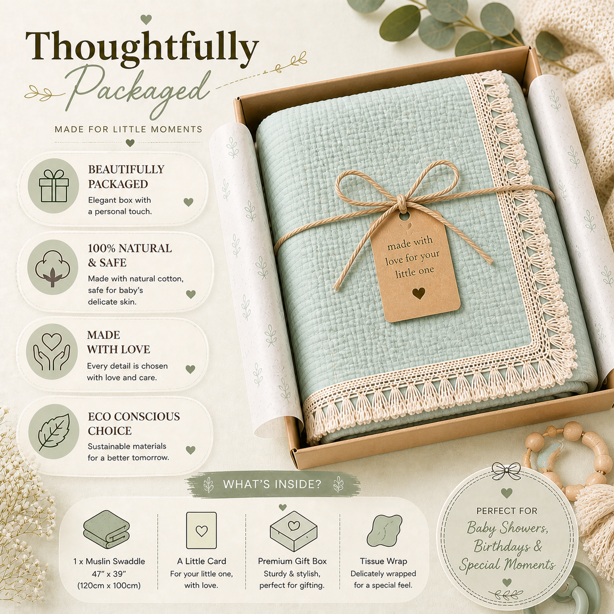 100% Organic Crinkled Muslin Cotton Baby Swaddle - Ultra-Soft, Hypoallergenic | Moonlit Mint | Fringe Border | Pack of 1 | 0-18 Months | Perfect for Newborn Gifting