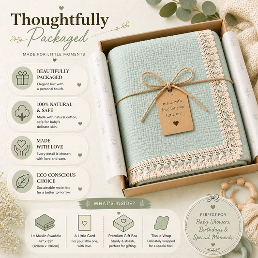 100% Organic Crinkled Muslin Cotton Baby Swaddle - Ultra-Soft, Hypoallergenic | Moonlit Mint | Fringe Border | Pack of 1 | 0-18 Months | Perfect for Newborn Gifting